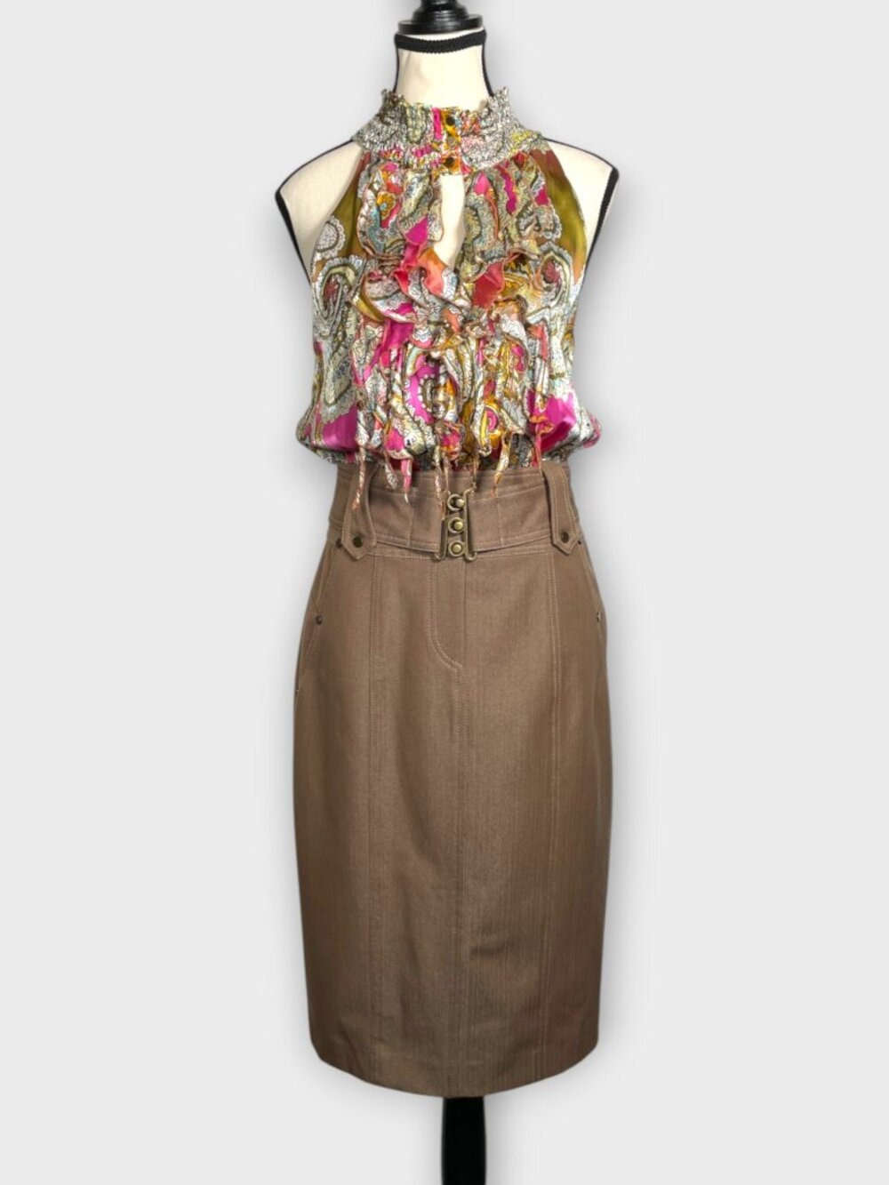CACHE CONTOUR Silk Blend Halter Dress Paisley Print Keyhole Sz 6 NEW